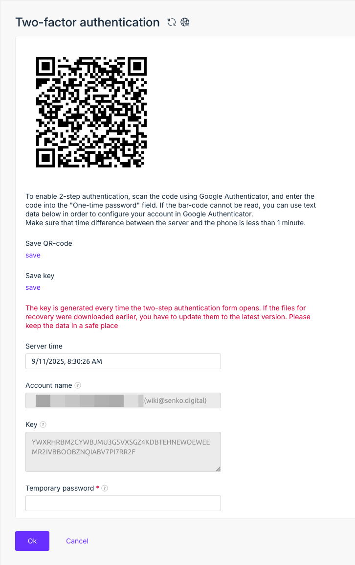 QR code and two-factor authentication settings