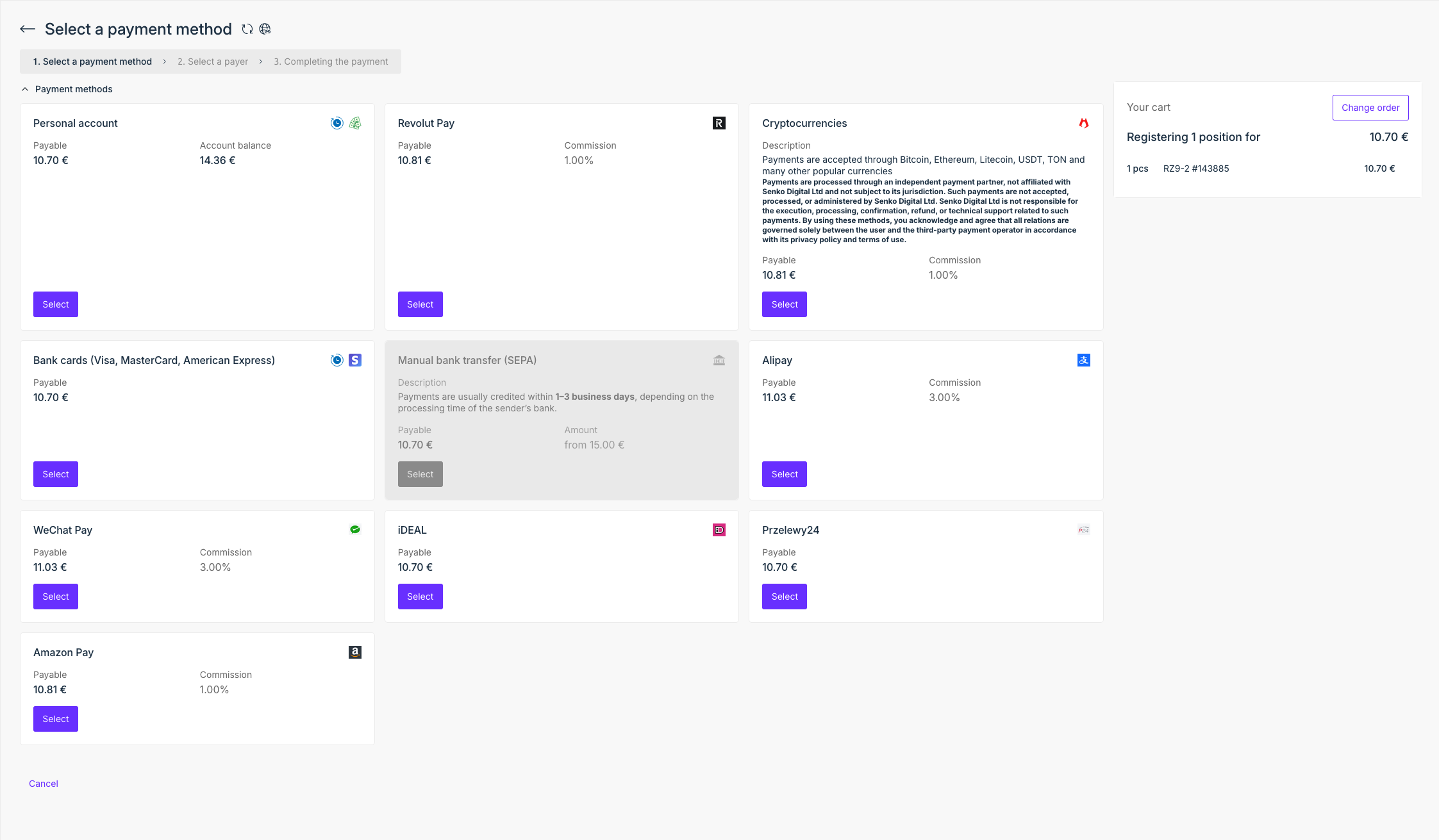Payment method selection