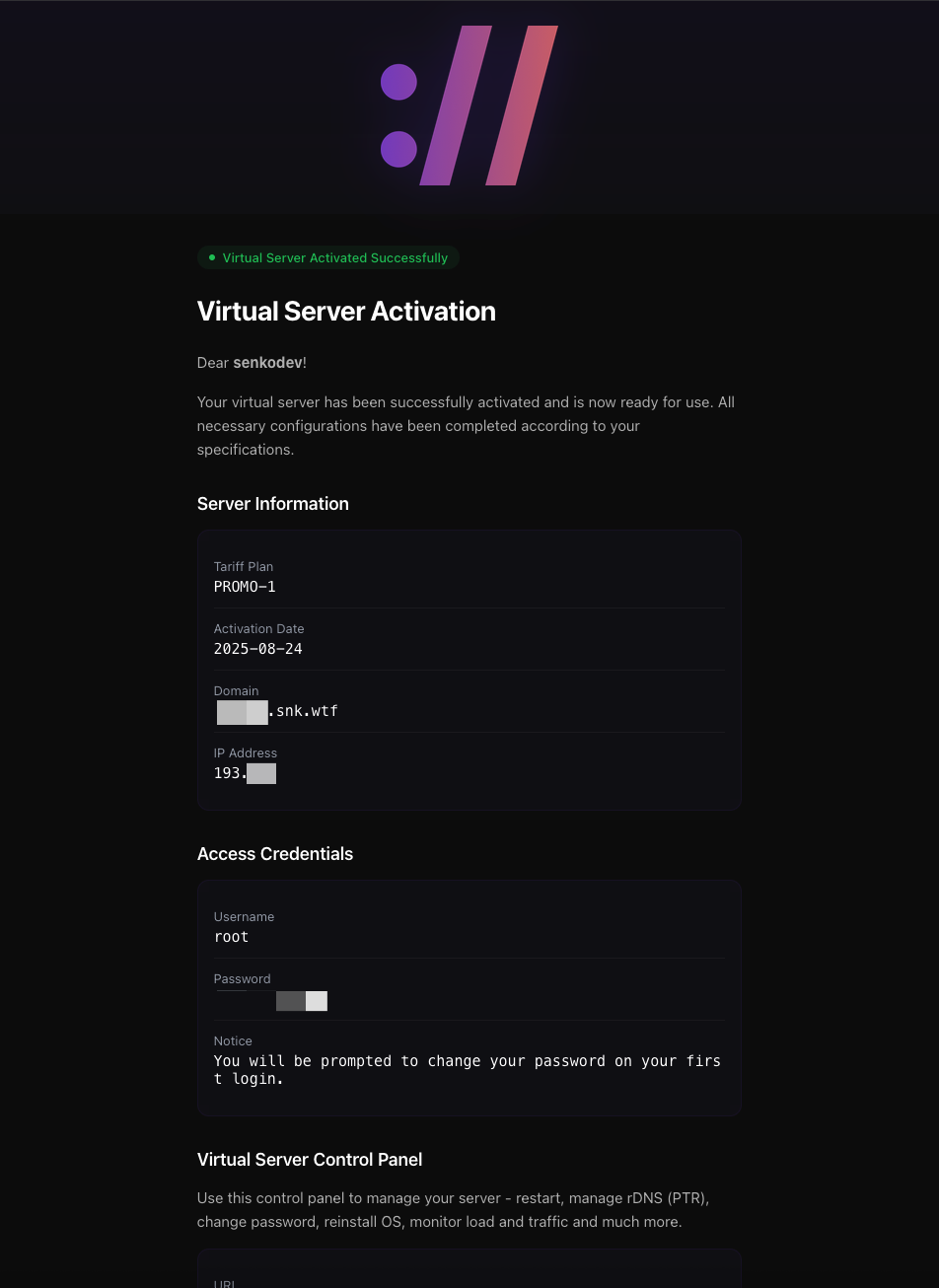 VPS credentials email