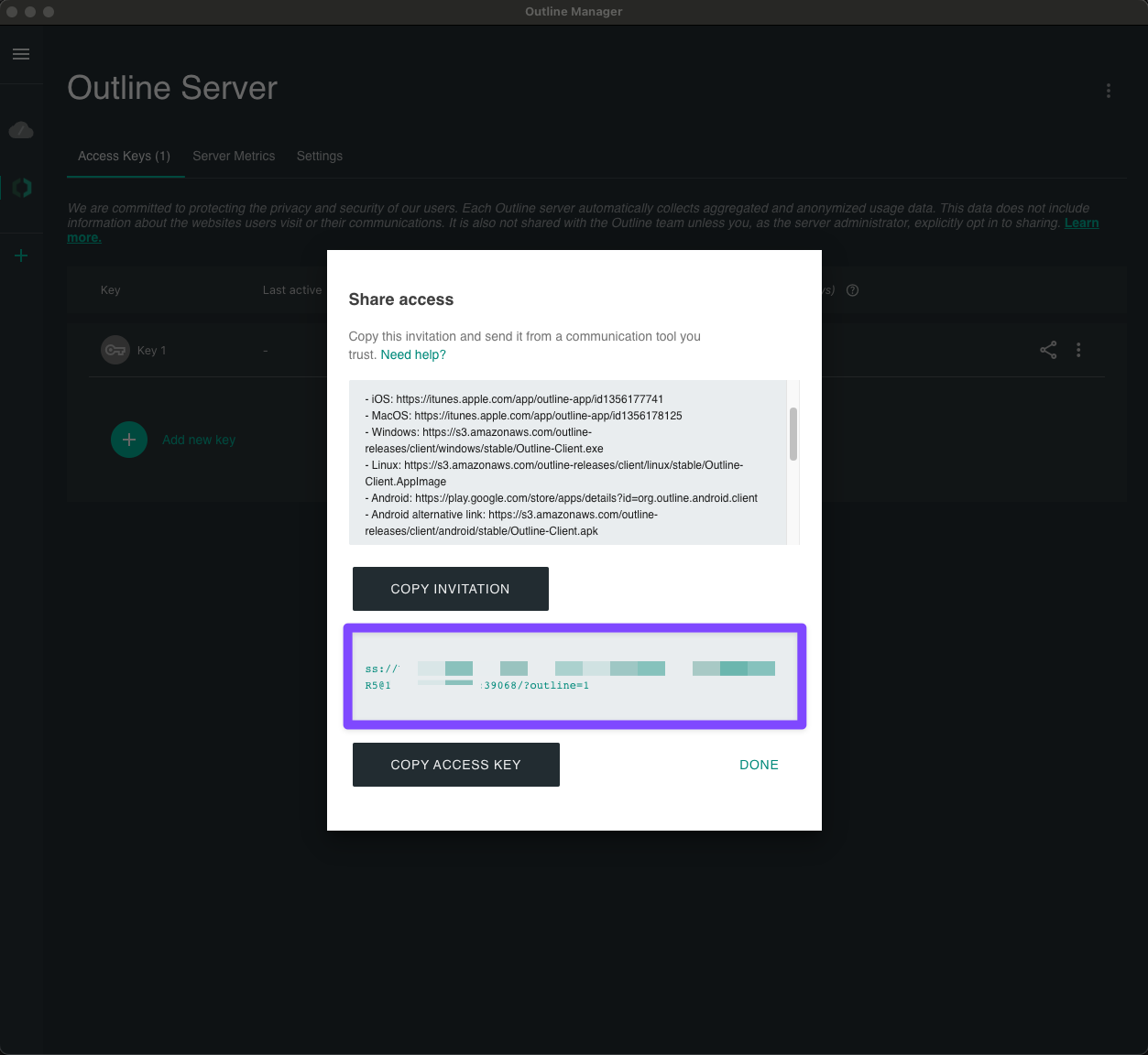 Outline Manager - Access key