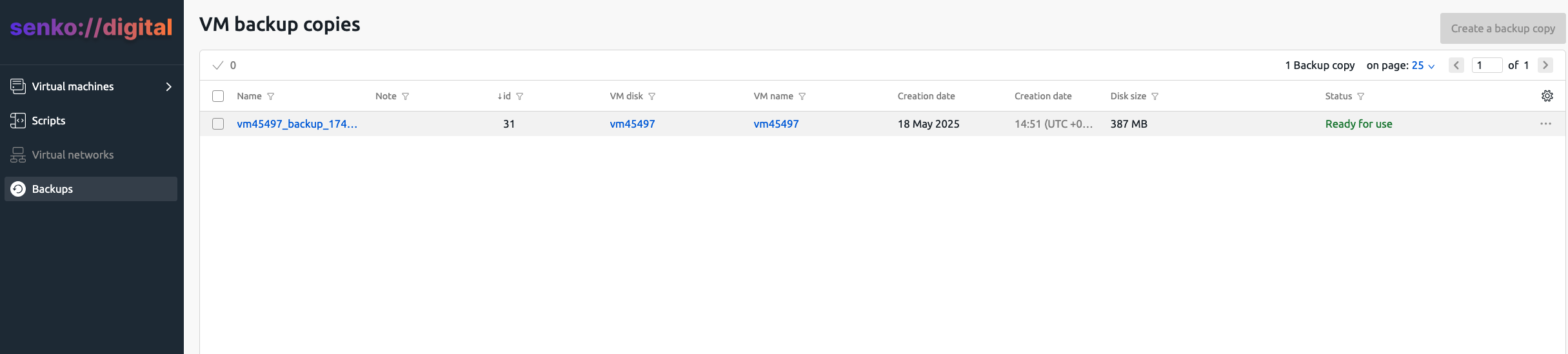 VM Backup page in VMManager