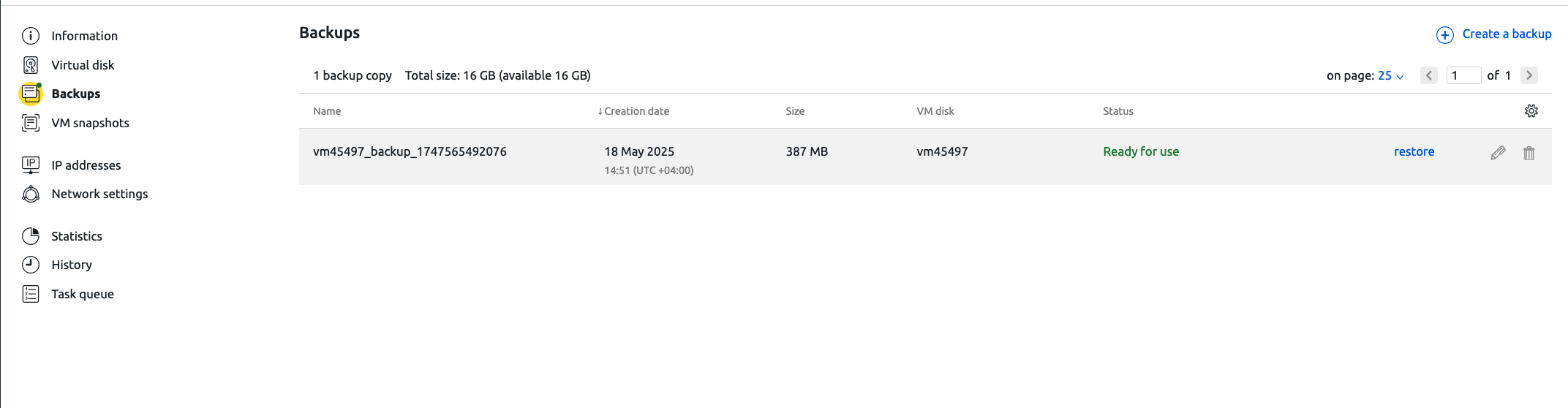 VM card with backups section in VMManager