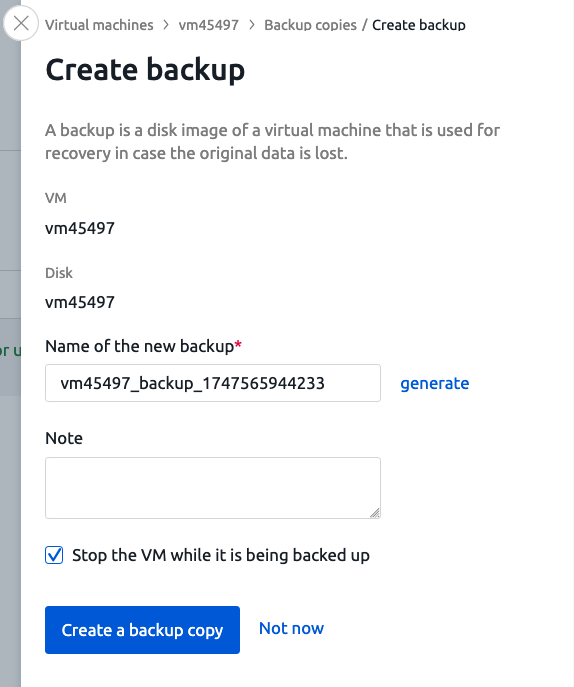 Backup creation wizard in VMManager