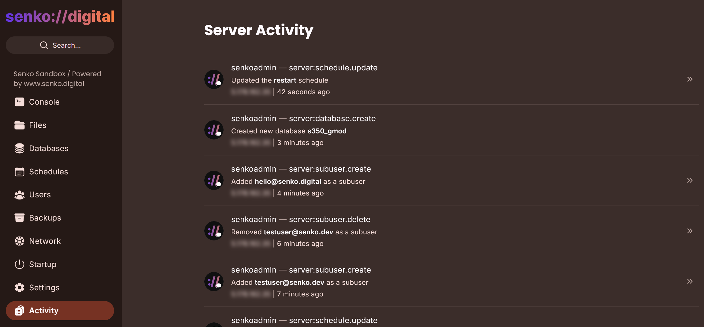logs page in the game panel