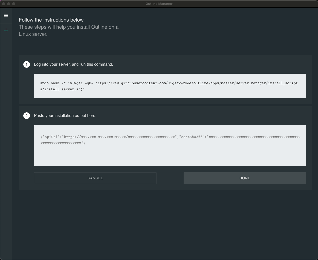 Outline Manager window with a prompt to paste server configuration
