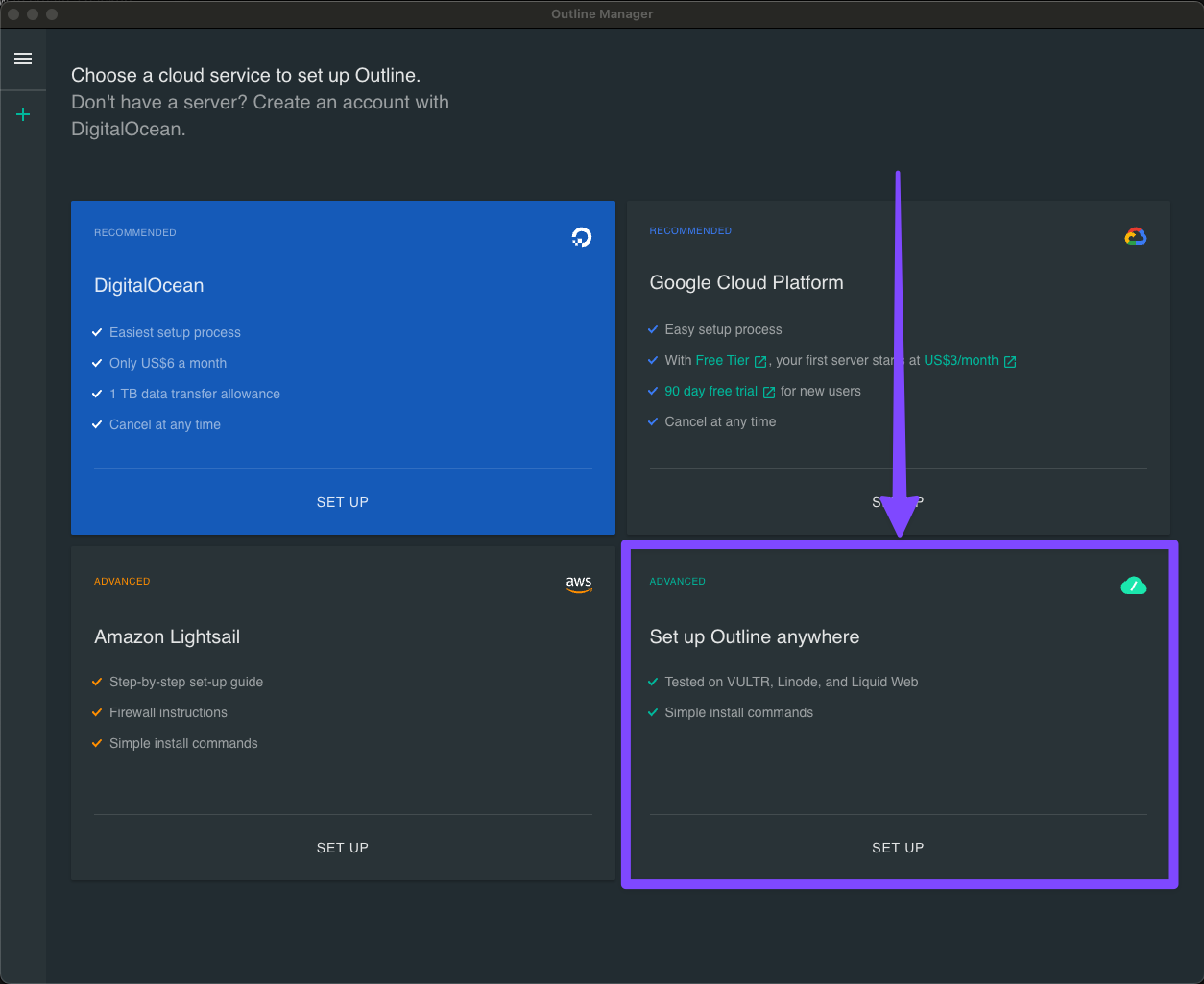 Outline Manager window with server provider selection and an arrow pointing towards "Set up Outline anywhere"