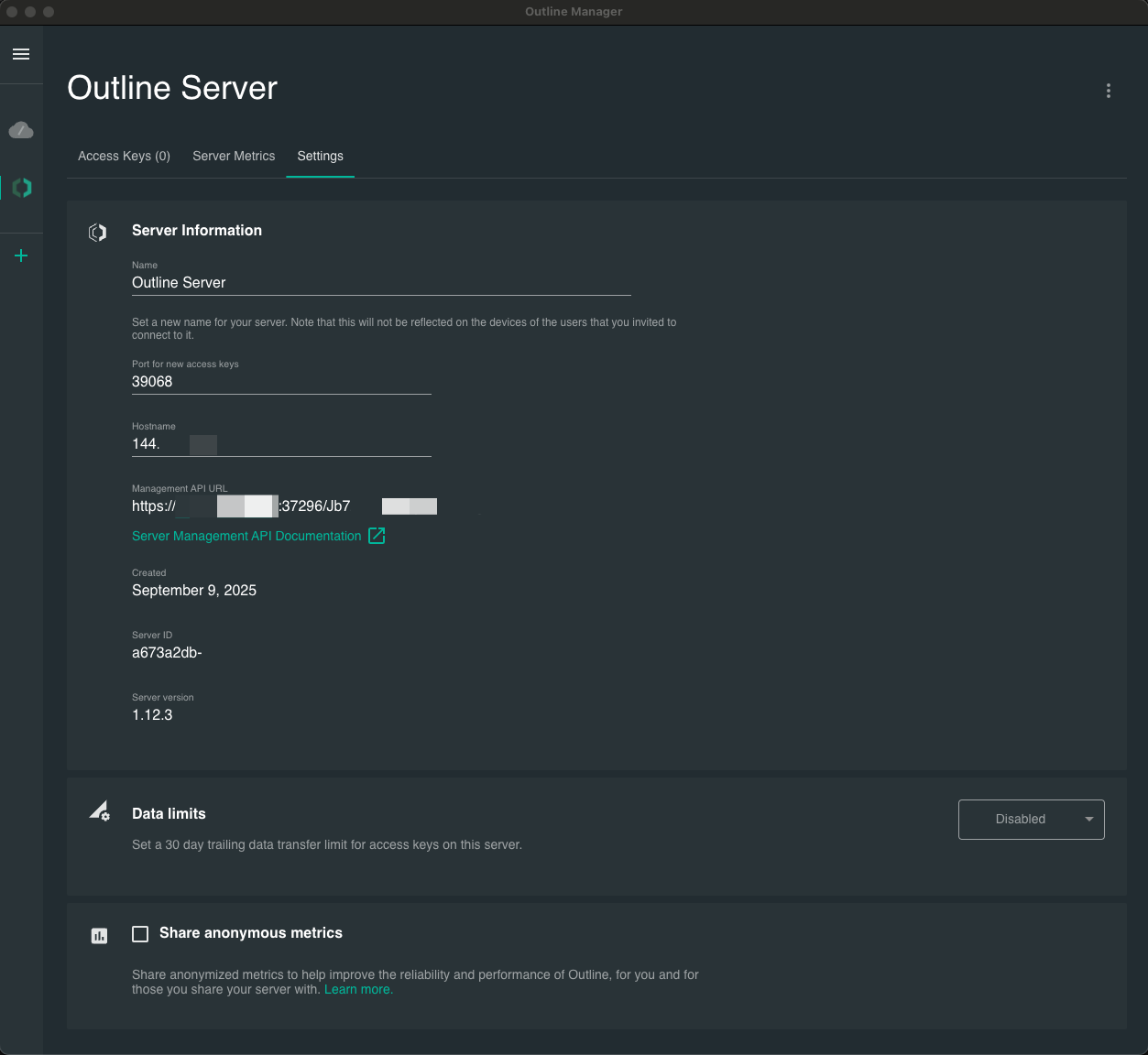 Outline Manager server settings