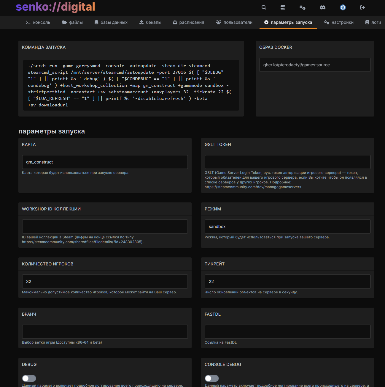 startup parameters for the server