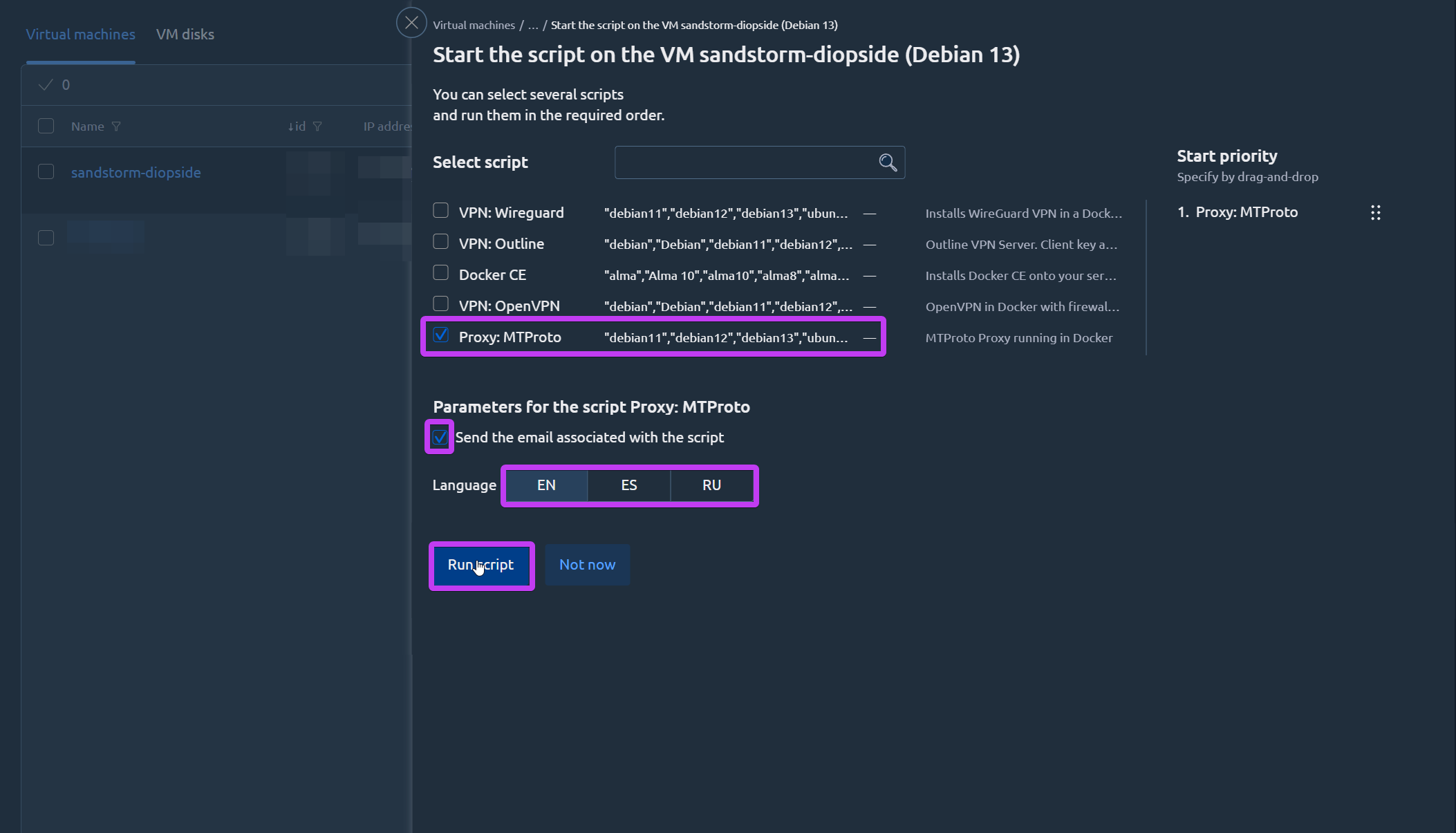Run script wizard with MTProto selected and email notification enabled