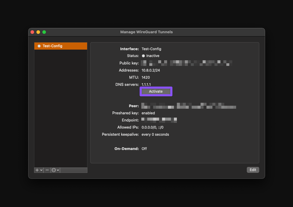 Connecting to a WireGuard config on macOS