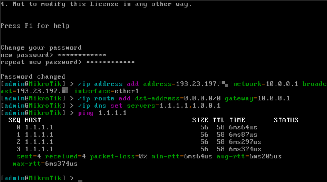 An image showing proper MikroTik CHR settings with a ping test running to Cloudflare DNS