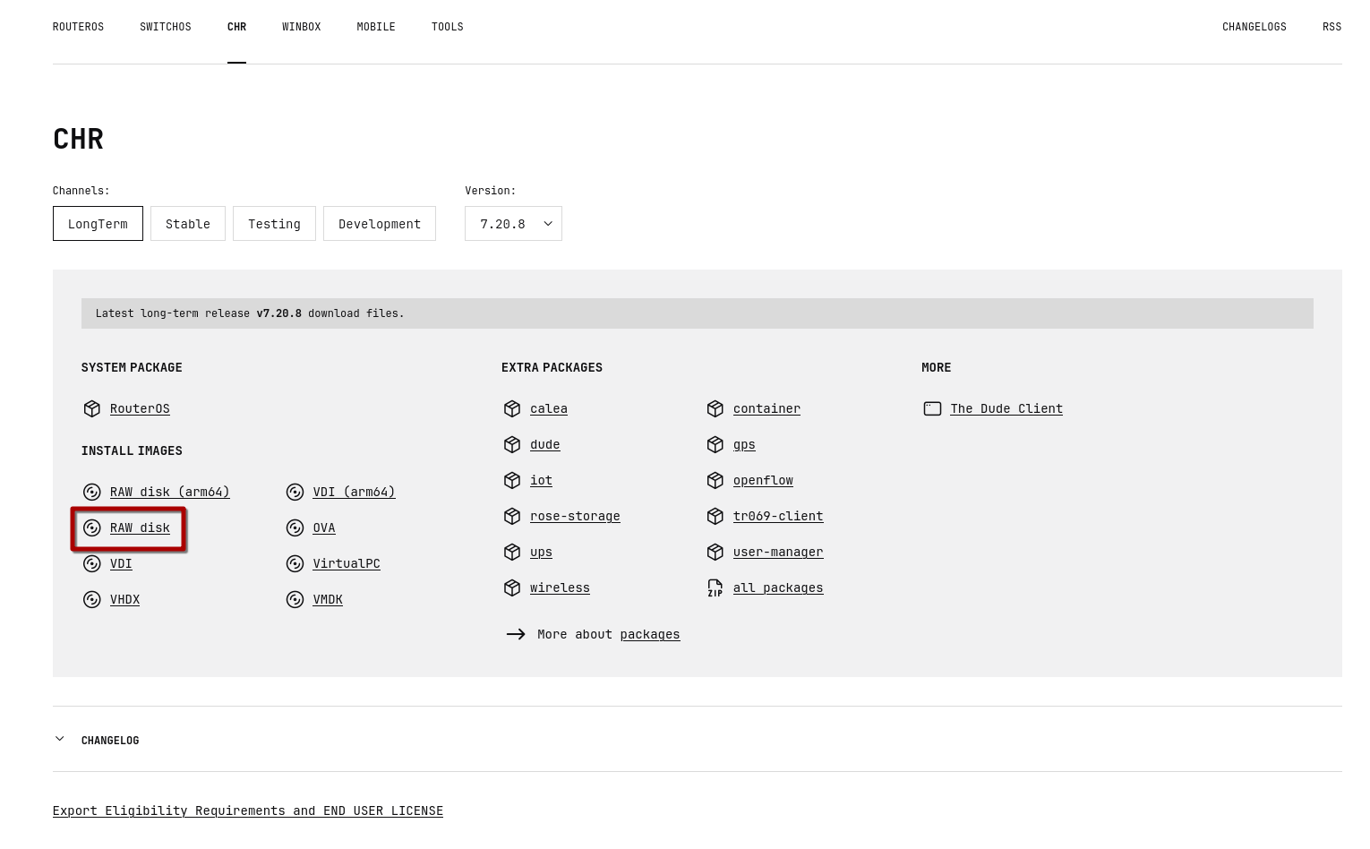 An image showing which version of MikroTik CHR to use for a virtual server